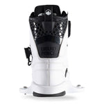 Rear view of white wakeboard boot with black accents on  heel.