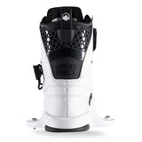 Rear view of white wakeboard boot with black accents on  heel.