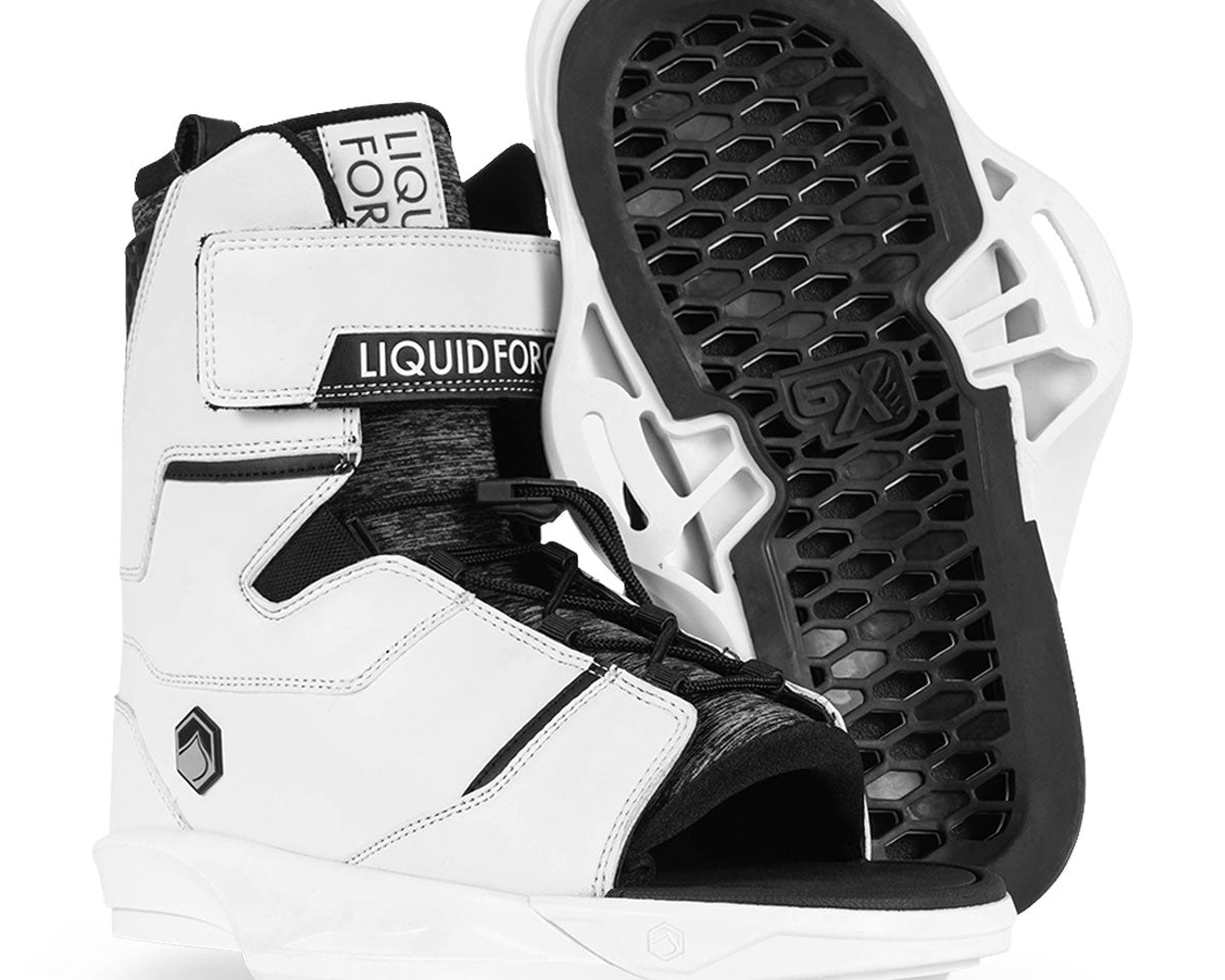White and black wakeboard bindings with open-toe design and Velcro Strap, laces, and honeycomb-patterned base.