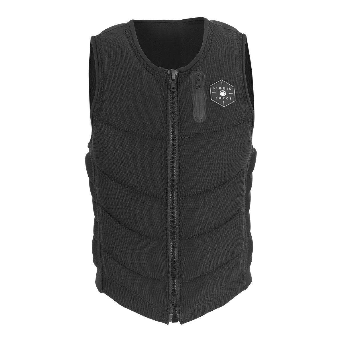 Front view of Black, padded Squad Comp vest with front zipper and a logo on the left chest.