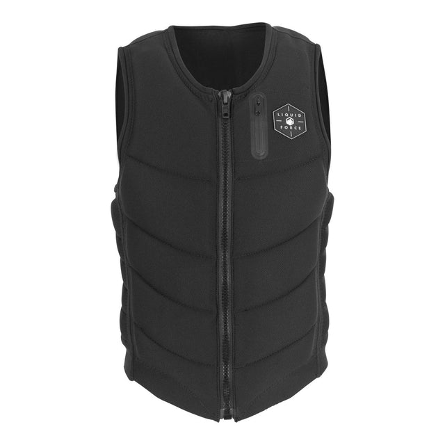 Front view of Black, padded Squad Comp vest with front zipper and a logo on the left chest.