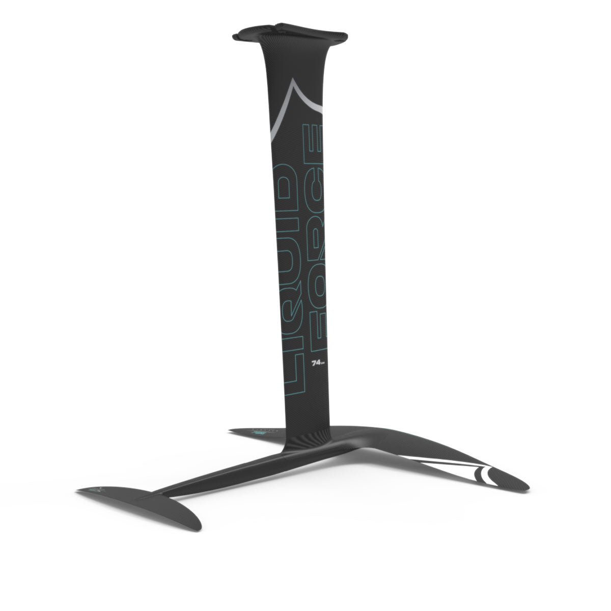 Rear view of Liquid Force black Carbon Stratus 725 FuseLock hydrofoil kit with white and teal accents.