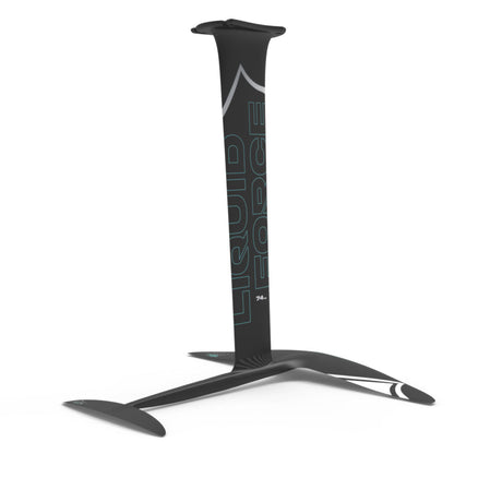 Rear view of Liquid Force black Carbon Stratus 725 FuseLock hydrofoil kit with white and teal accents.