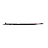 Side view of Liquid Force black wakesurfboard with fin and red accents on top.