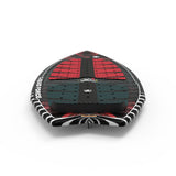 Liquid Force wakesurf board in black, red, and green design, seen from the tail end.