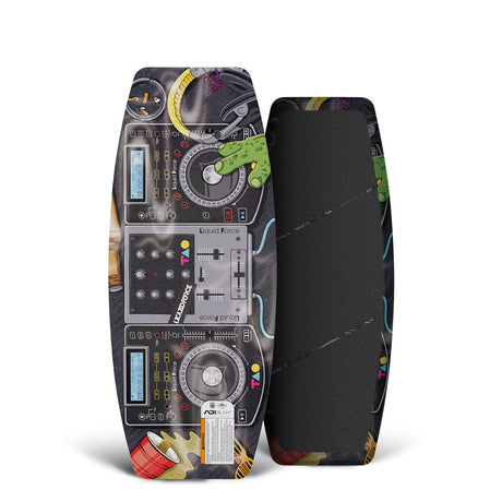 Top and bottom view of a wakeskate with vibrant DJ mixer design and dials, plus a sleek black underside.