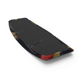 Top angled view of a black wakeskate deck with colorful graphics on its edges, against a white background.