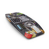 Angled bottom view of a wakeskate with DJ turntable and vibrant graphics against a white background.