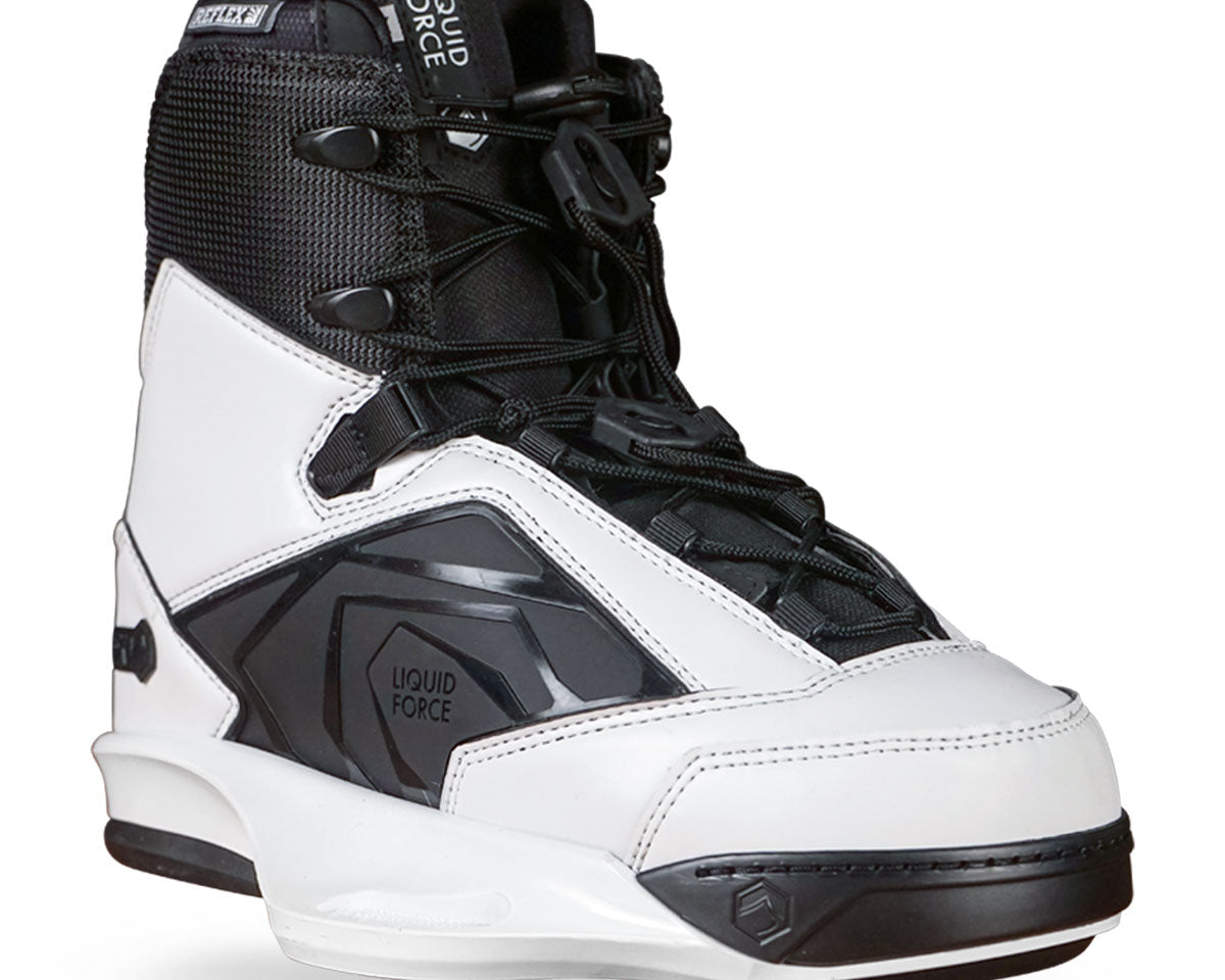 Wakeboard boots in black and white feature laces and a high-top design for a secure fit.