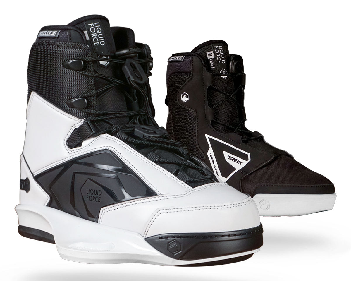 High-cuff wakeboard bindings in black and white with lace-up front.