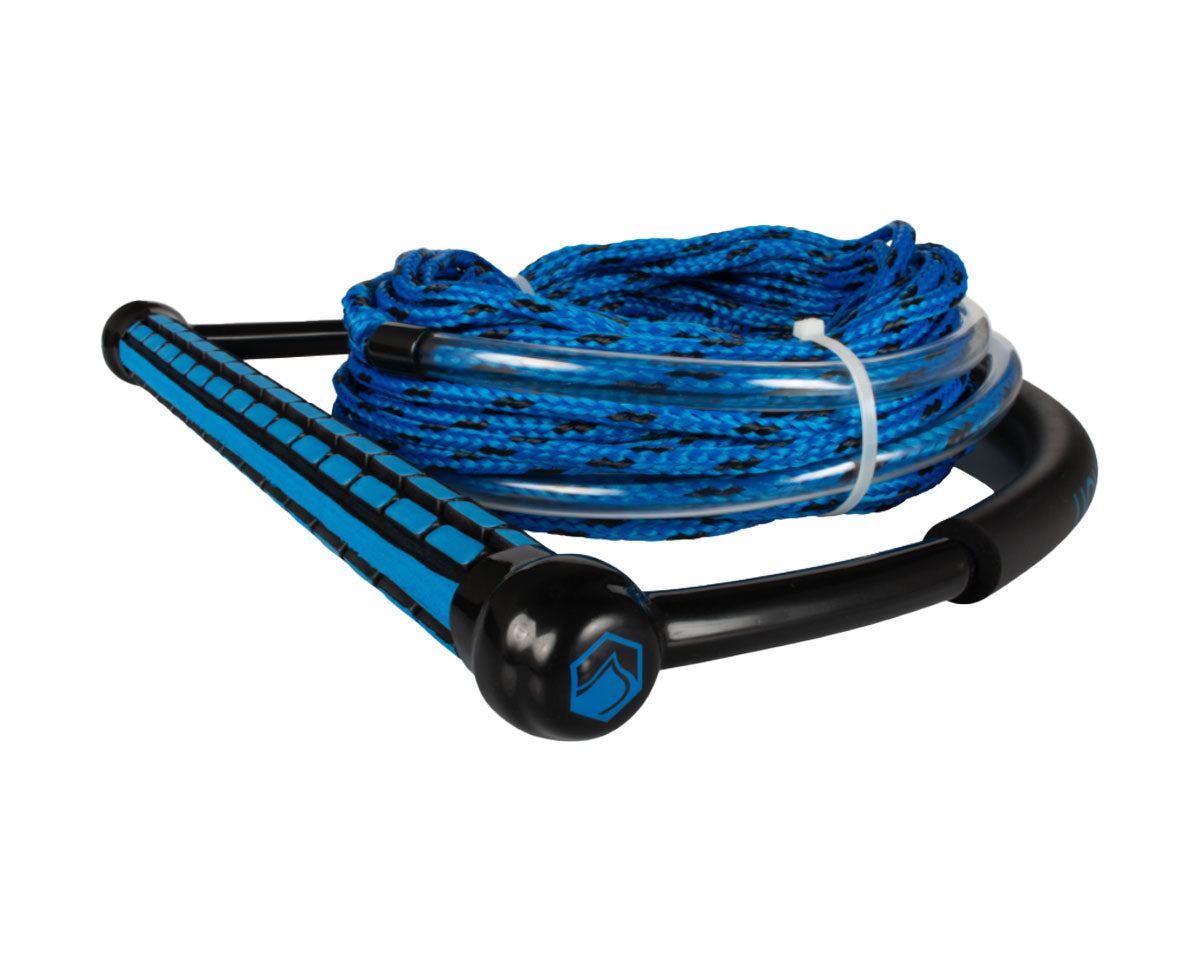 Blue and Black Wakeboard TR9 Rope and Handle Combo coiled neatly against a white background.