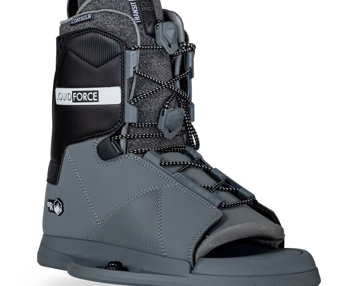 Wakeboard bindings in gray with black accents and adjustable laces, ideal for water sports.