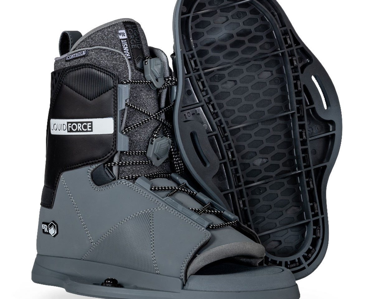 Wake boots are gray and black with open toes, laces, and second boot set at an angle to view base / bottom footbed displaying mounting construction.