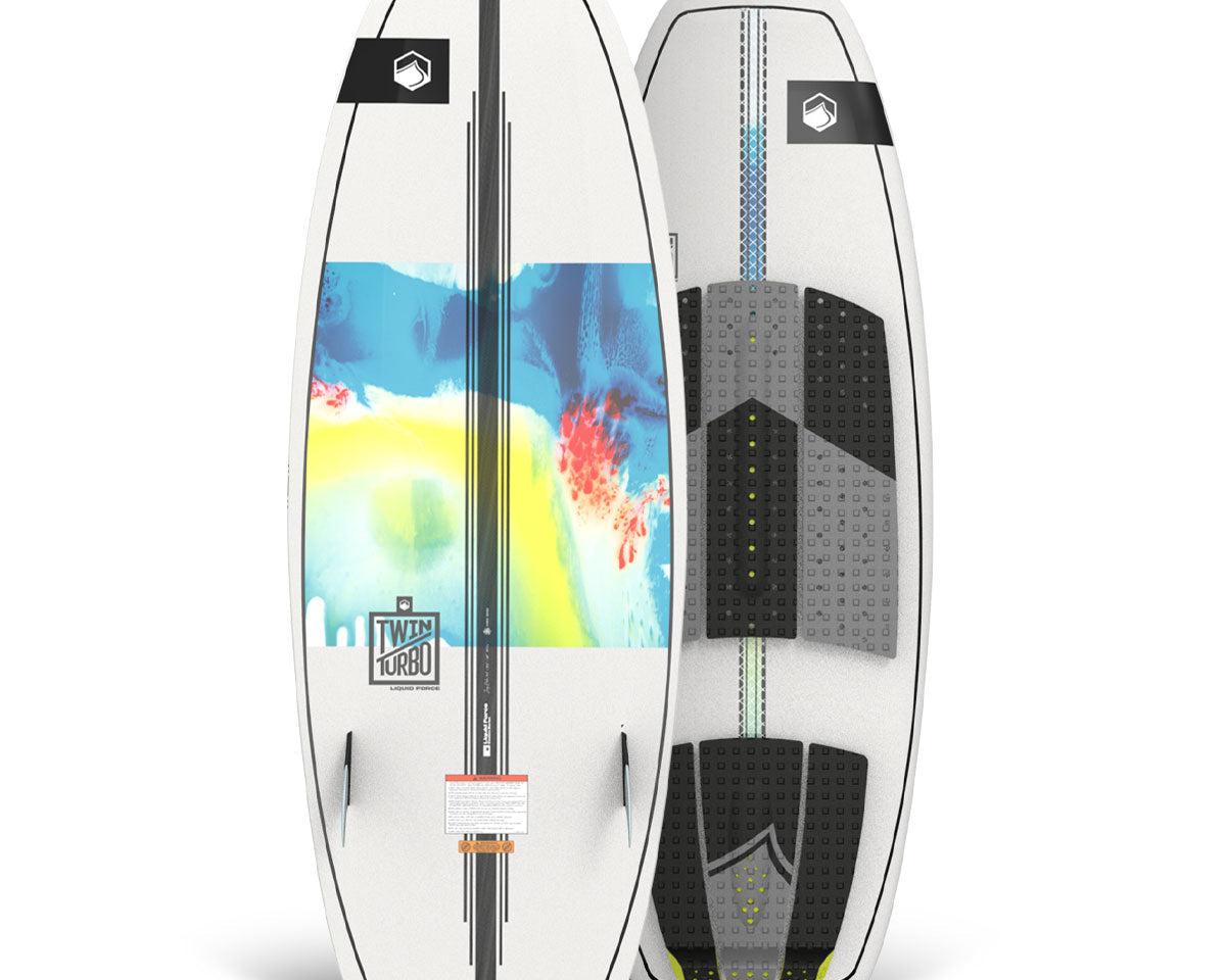 Top and bottom view of wakesurf board with colorful graphics on white background.