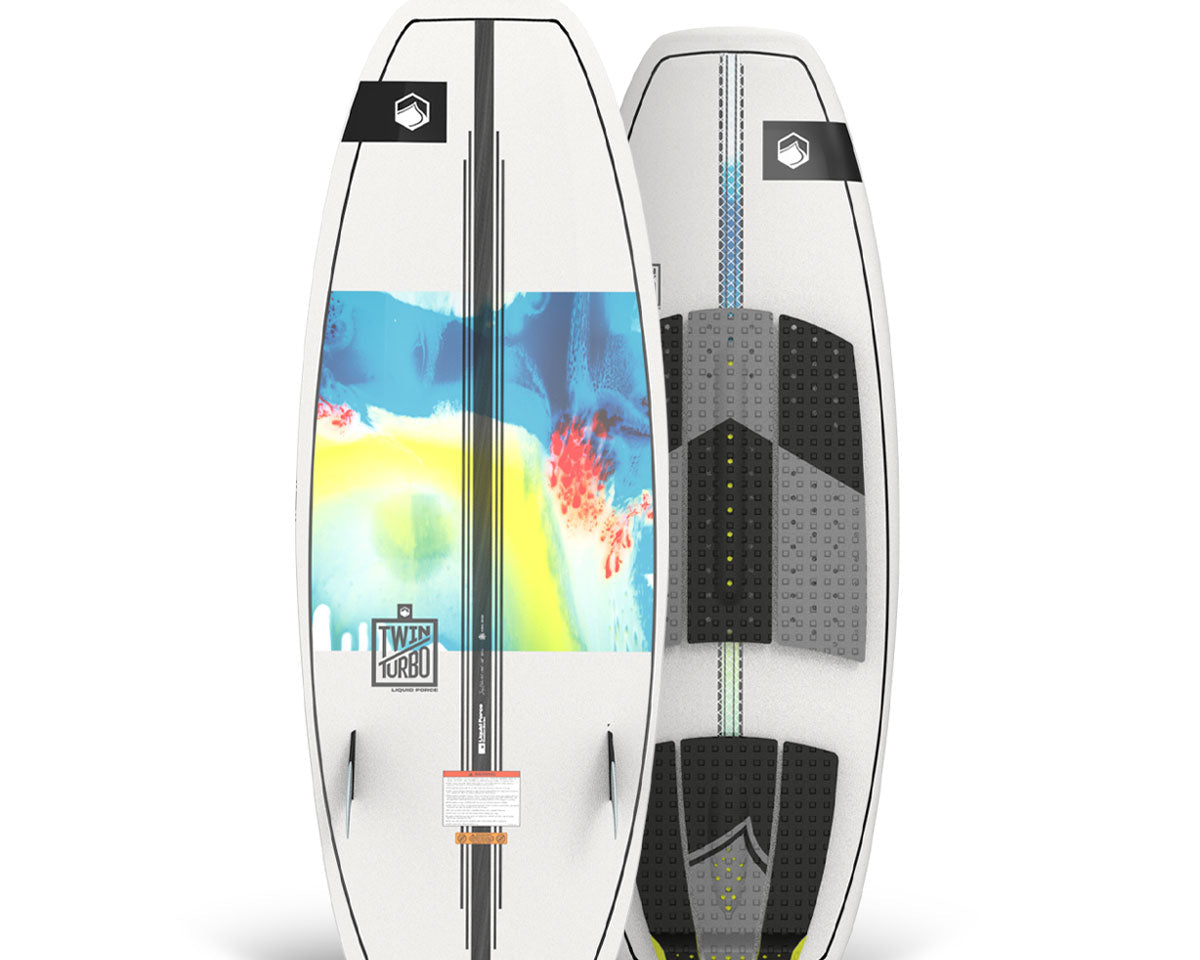 Top and bottom view of Liquid Force wakesurfer; colorful designs, grip pads, and brand logos.