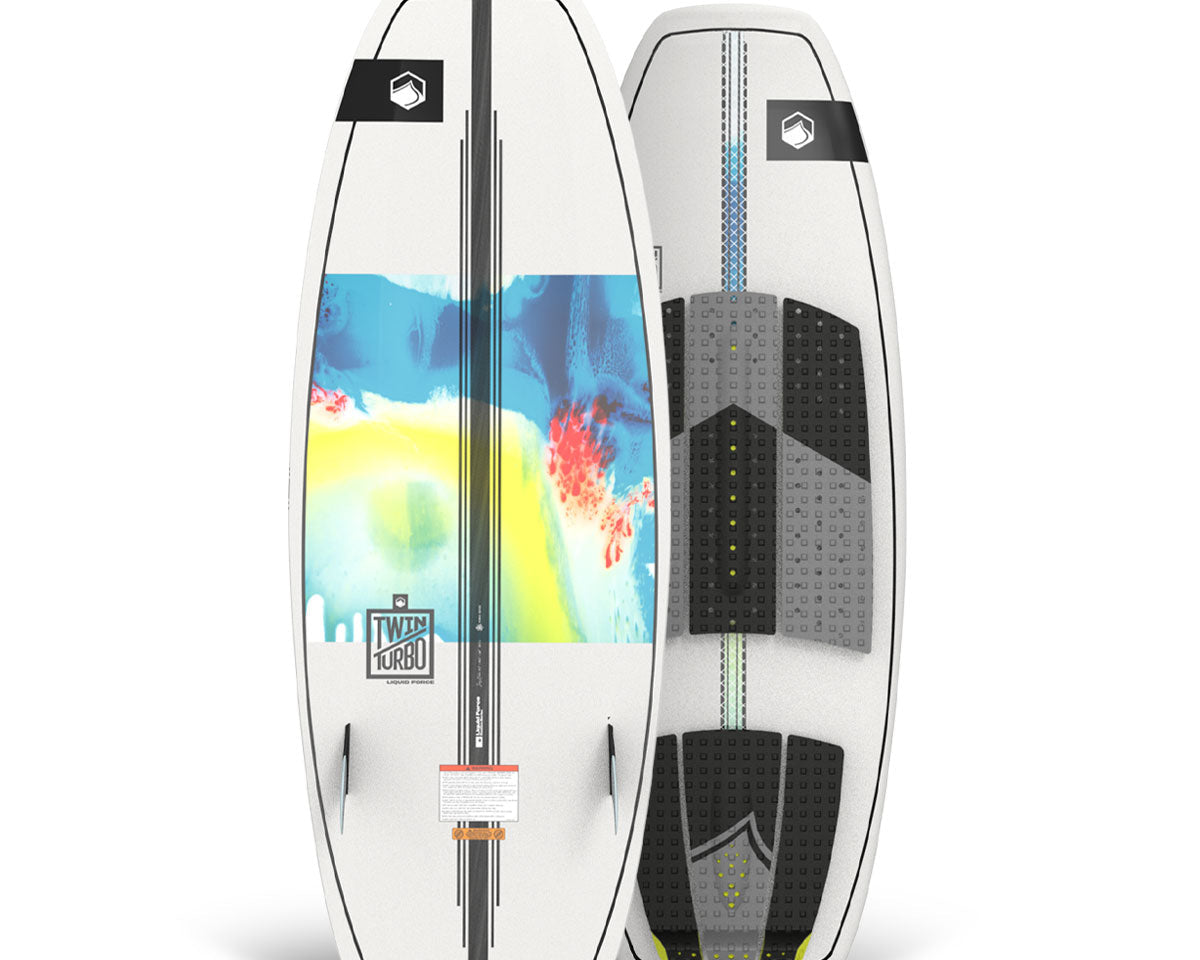 Top and bottom view of white wakesurf board with colorful designs and black traction pads for wakesurfing.