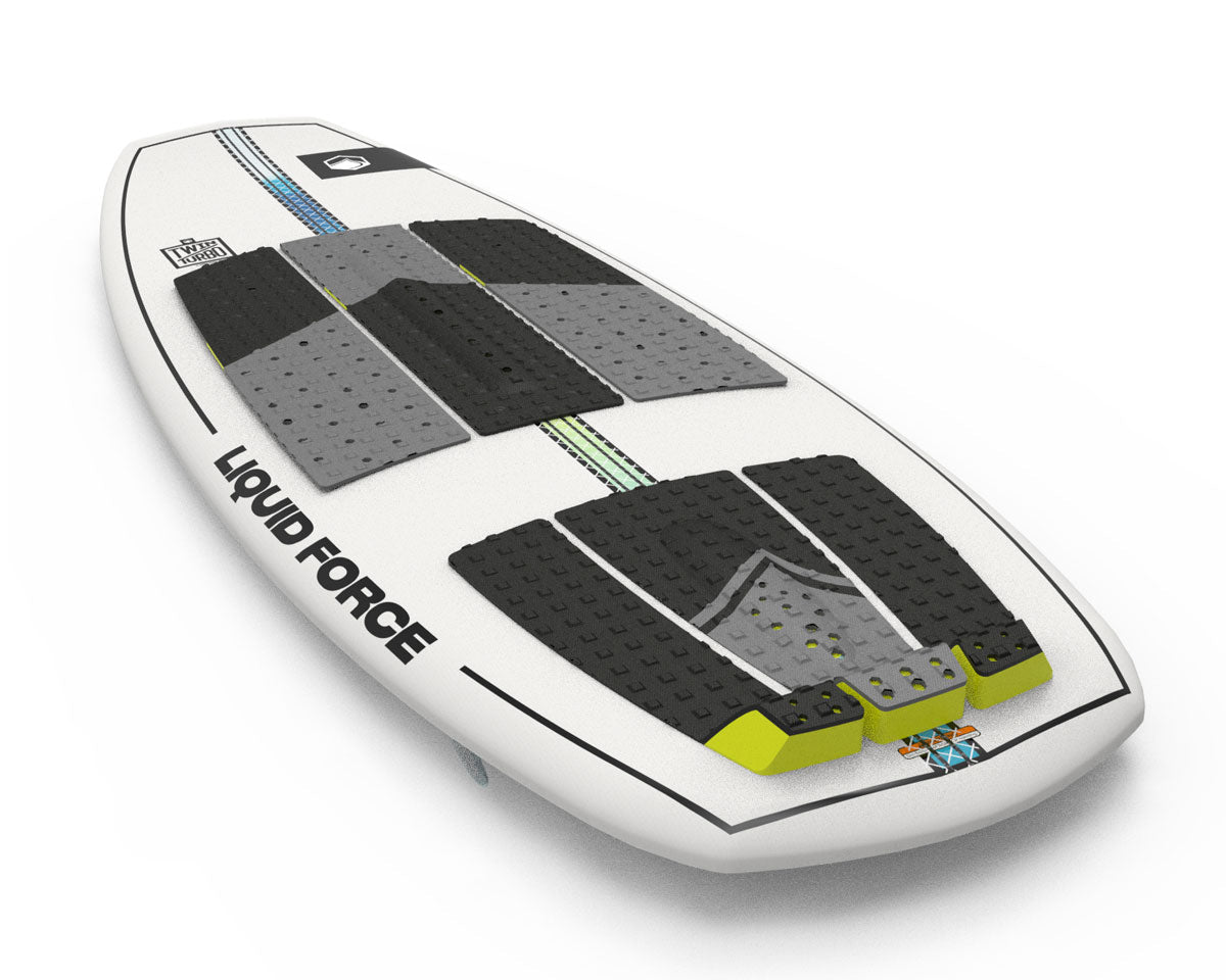 Wakesurf board in white with textured black and gray footpads.