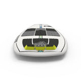 White wakesurf board with black & green pads on a white background.