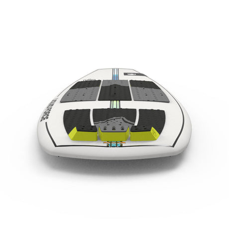 White wakesurf board with black & green pads on a white background.
