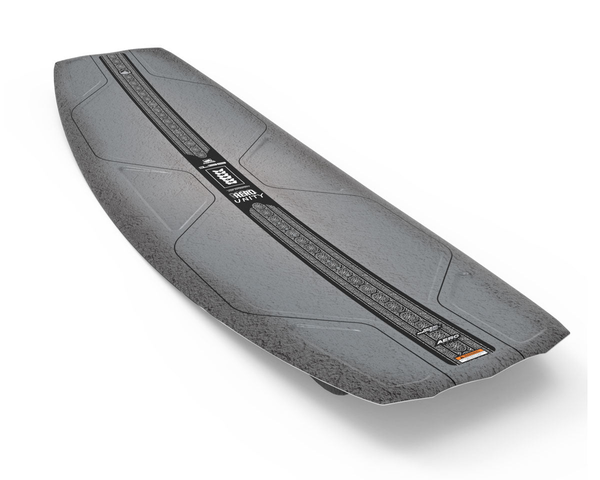 Gray wakeboard top graphic with a textured surface and a central black stripe.