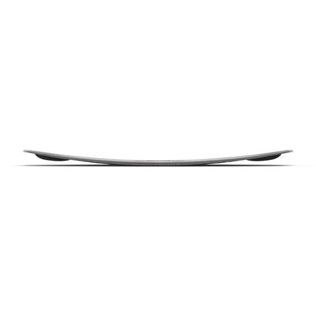 Side view of a wakeboard showing its concave shape with upturned nose and tail, against a white background.