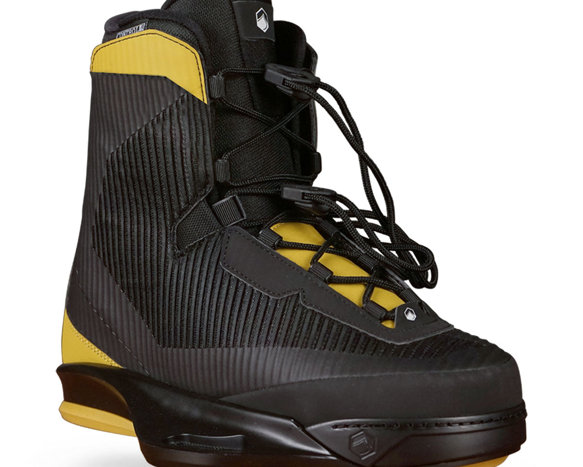 Lace-up wakeboard boots; black and yellow with ribbed texture and high ankle support.