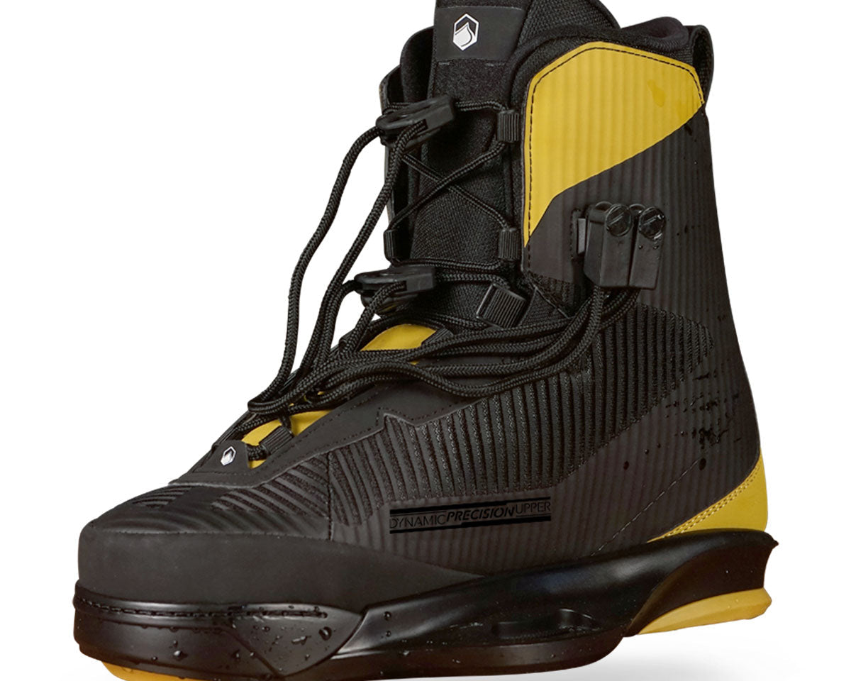 Wakeboard boot in black and yellow with detailed lacing and textured design.