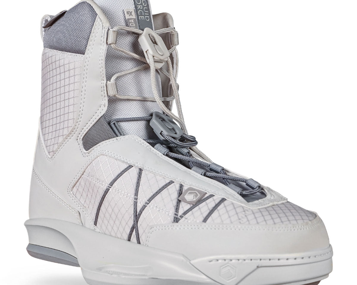 White and gray high-cuff wakeboard boot with intricate lacing, textured design.