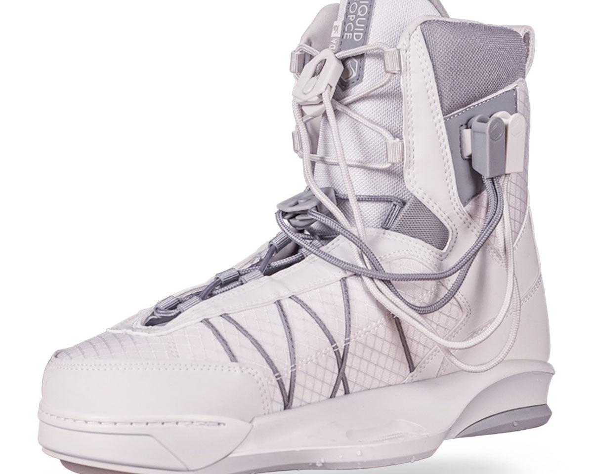 White high-cuff wakeboard binding with intricate stitching, straps, a side lace clip.