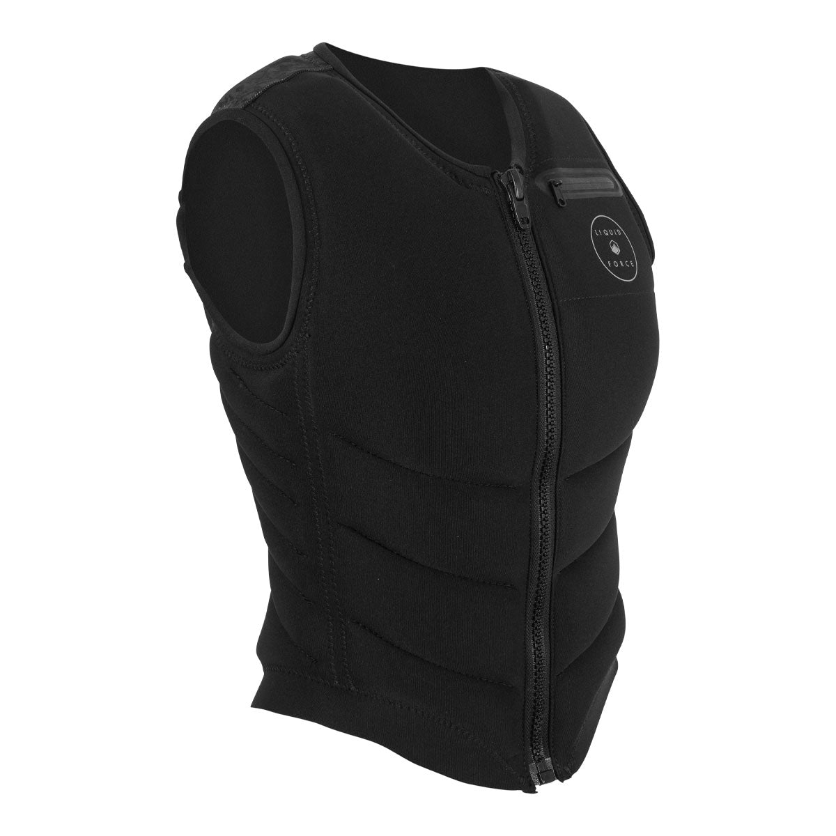 Front angled view of Womens Breeze Comp, black sleeveless vest with front zipper and pocket.