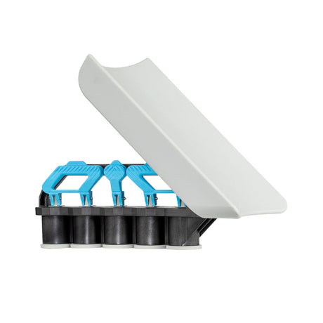Front angled view of Wakesurf Edge Inline Pro Wake Shaper 145  apparatus in grey with black base and blue handles.