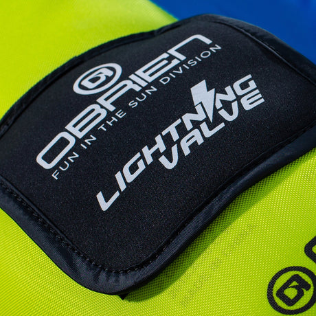 Close-up of a black patch with 'O'Brien' and 'Lightning Valve' logos on the O'Brien Simple Trainer Inflatable Ski.