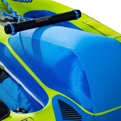 Close-up of a blue and green O'Brien Simple Trainer Inflatable Ski and handle.