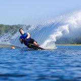 Wide shot of a skier using the O'Brien Siege Slalom Waterski, cutting through a slalom course.