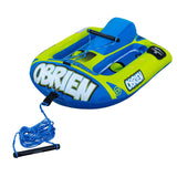 Angled front view of the O'Brien Simple Trainer Inflatable Ski in blue and green with ropes.