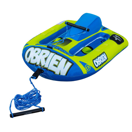 Angled front view of the O'Brien Simple Trainer Inflatable Ski in blue and green with ropes.
