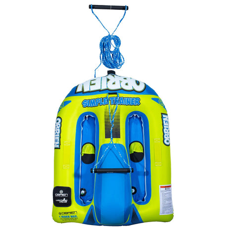 Top view of the O'Brien Simple Trainer Inflatable Ski in green and blue with bold branding.