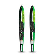 Top view of both skis showing green and black graphics on O'Brien Celebrity 58" combo waterskis.