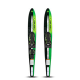 Top view of both skis showing green and black graphics on O'Brien Celebrity 58" combo waterskis.