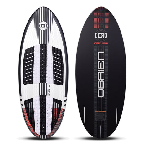 Top and base views of the Driver wakesurfer with black, white, and red design.