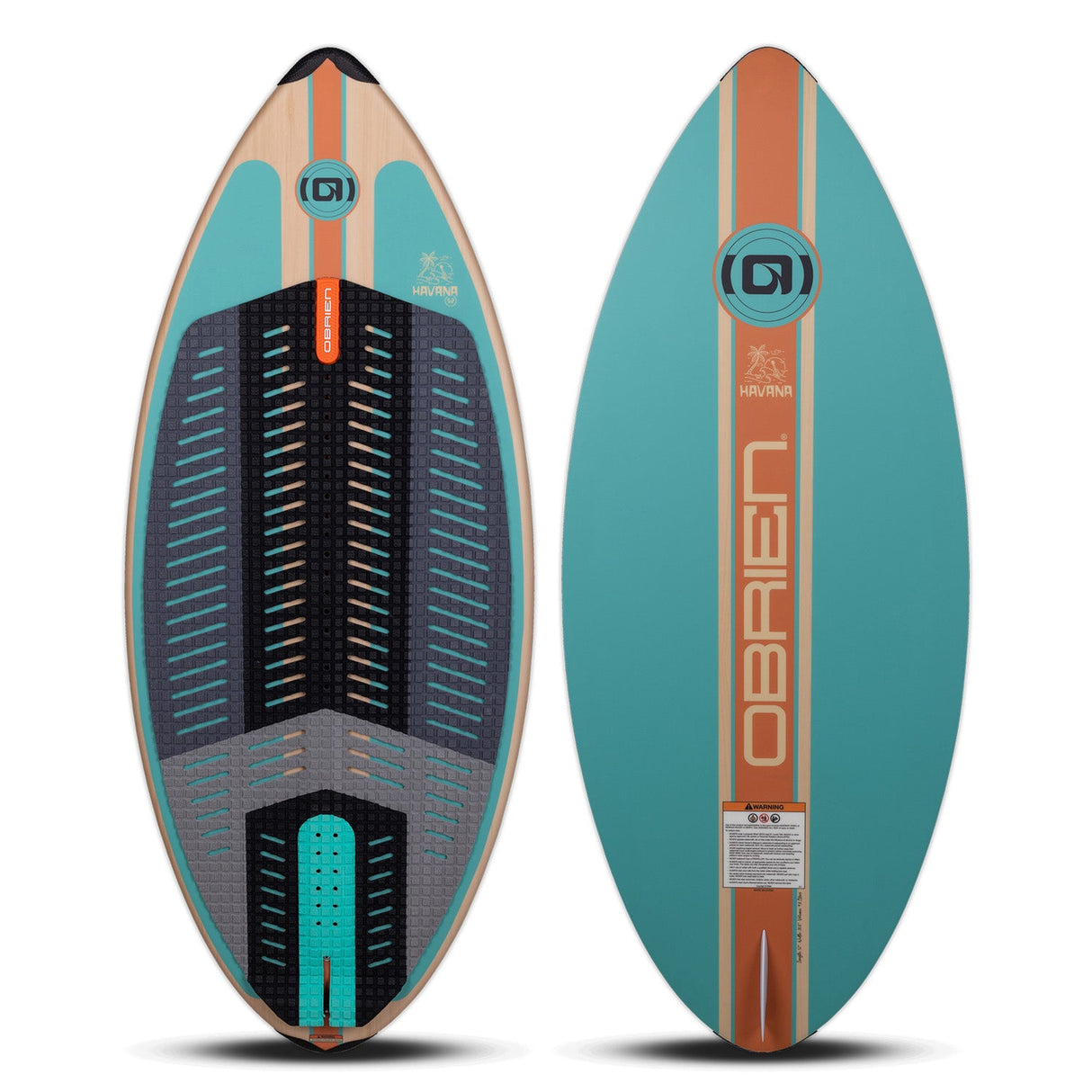 Top and base view of the Havana wakesurf board in teal with wood grain and orange accents.