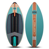 Top and base view of the Havana wakesurf board in teal with wood grain and orange accents.