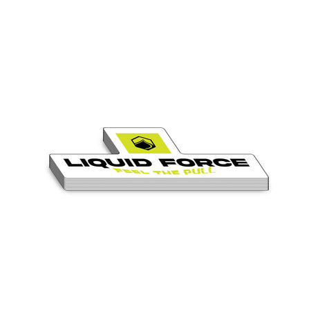 Stack of 'Liquid Force' branded stickers on a white background