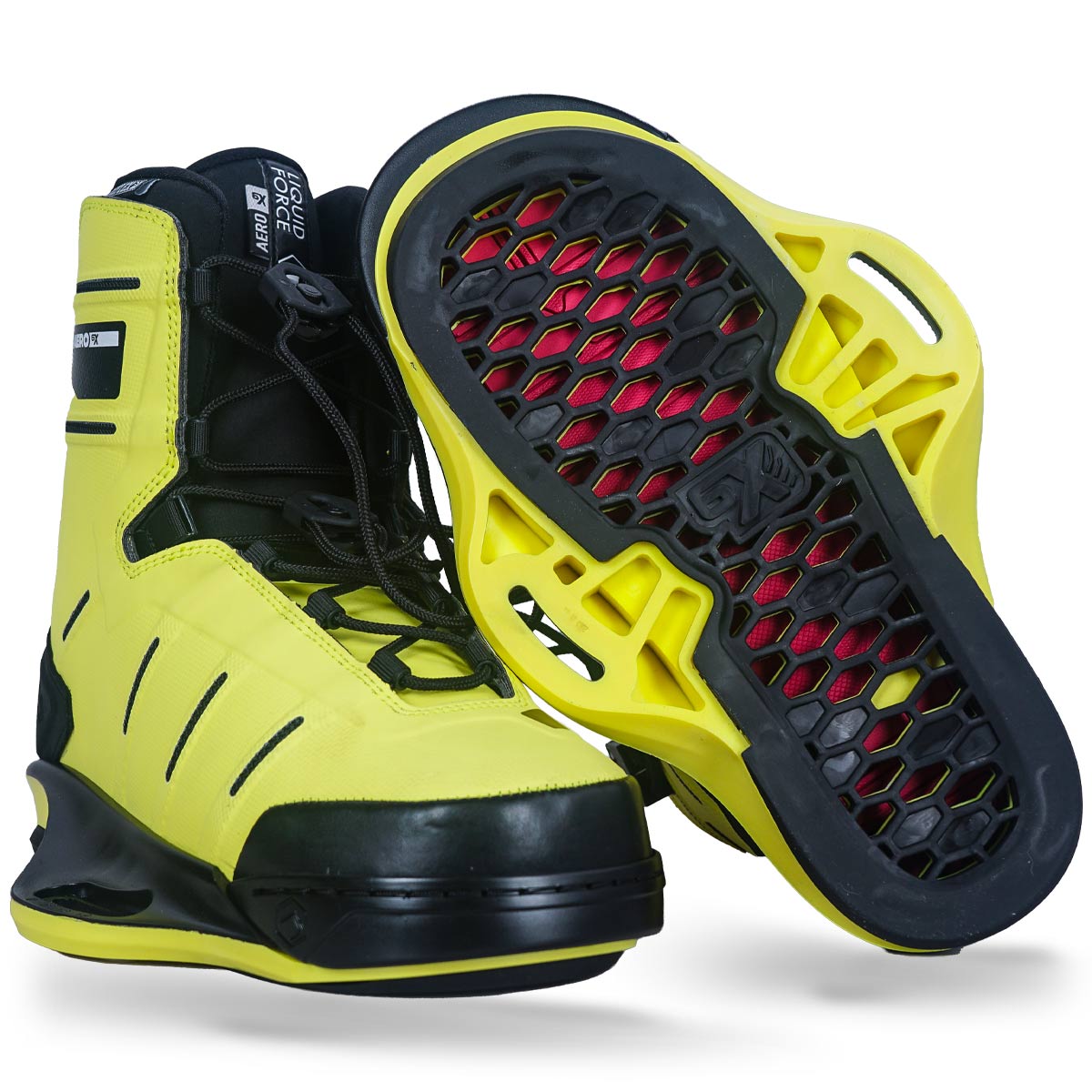 Angled view of AERO 6X binding in atomic with black accents showing sole detail.