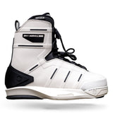 Side view of AERO 6X binding in white with black accents and lace-up design.
