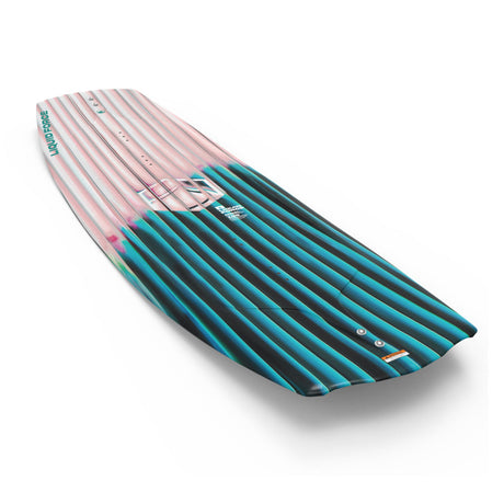 Angled view of Angel wakeboard showing striped deck in pink, teal, and black.