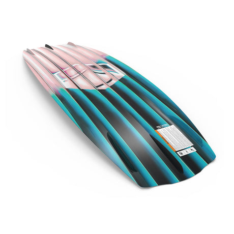 Bottom angled view of Angel wakeboard highlighting fin channels and striped design.