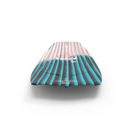 Rear angled view of Angel wakeboard with striped pink and teal deck.