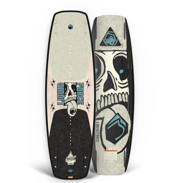 Apex FS wakeboard standing upright showing skull graphic and black textured base.
