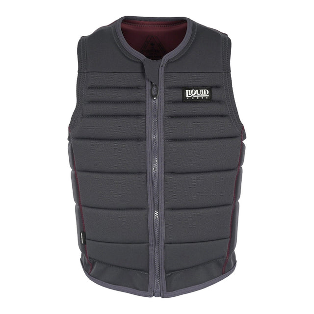 Front view of the Fuse Comp Vest in charcoal gray with vertical zipper and logo patch on chest.